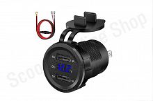 Зарядное устройство USB 2х2.1A  вольтметр  LED подсветка синий 