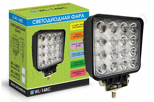 Светодиодная фара WL-148CF (ближн. свет, кв. мет. корп. 16 LED, 48W) фото фотография изображение картинка