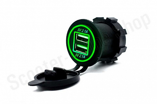 Зарядное устройство USB 2х2.1A  LED подсветка зеленый фото фотография изображение картинка